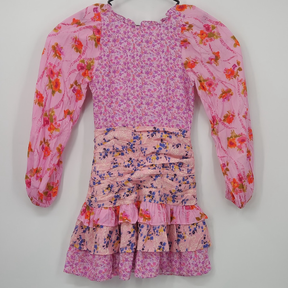 Patchwork Pink Floral Mini Dress Tiered Ruffle Balloon Sleeves  Boho Romantic XS - Picture 3 of 11